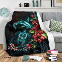 Polynesian Premium Blanket Turtle And Shark Hibiscus Turquoise