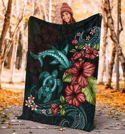 Polynesian Premium Blanket Turtle And Shark Hibiscus Turquoise