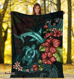 Polynesian Premium Blanket Turtle And Shark Hibiscus Turquoise
