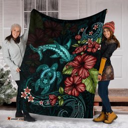 Polynesian Premium Blanket Turtle And Shark Hibiscus Turquoise