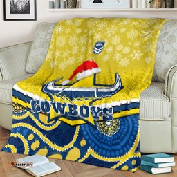 Cowboys Rugby Christmas Blanket Merry Xmas Mix Aboriginal Art Blue Version