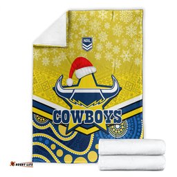 Cowboys Rugby Christmas Blanket Merry Xmas Mix Aboriginal Art Blue Version