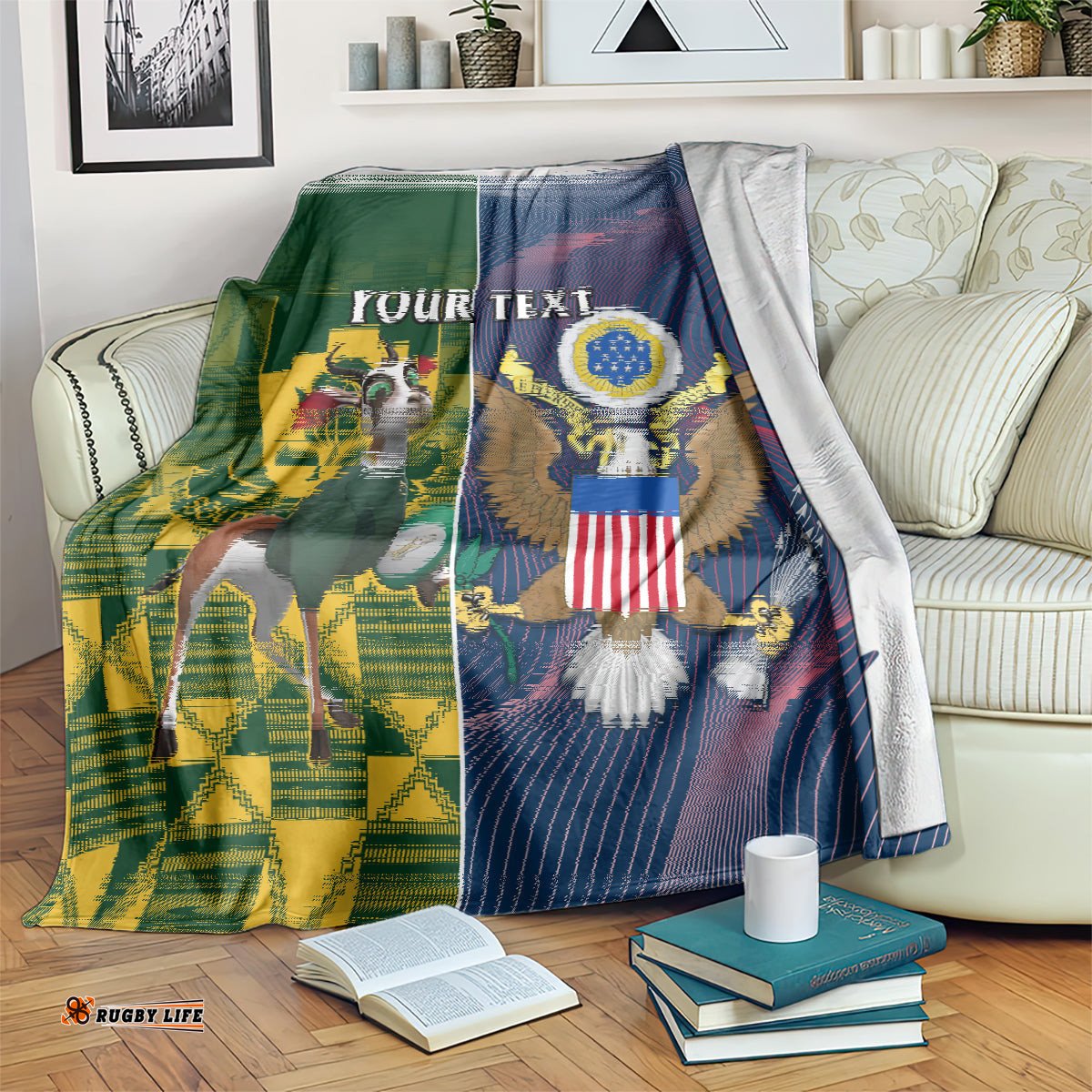 Custom South Africa And United States Rugby Blanket Springboks Combine Eagles