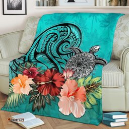 Turtle Polynesian Premium Blanket Hibiscus Polynesian Turquoise