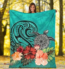 Turtle Polynesian Premium Blanket Hibiscus Polynesian Turquoise