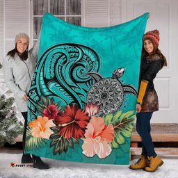 Turtle Polynesian Premium Blanket Hibiscus Polynesian Turquoise