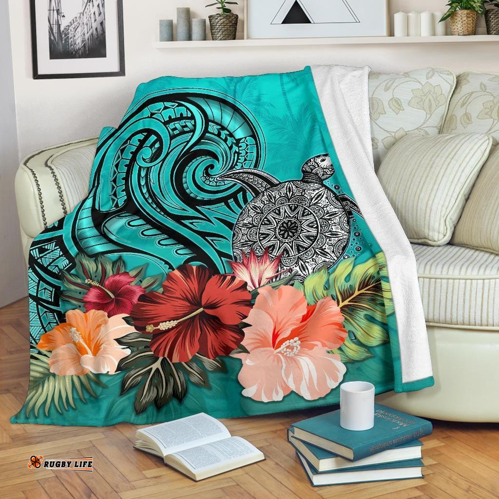 Turtle Polynesian Premium Blanket Hibiscus Polynesian Turquoise