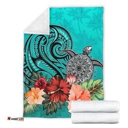 Turtle Polynesian Premium Blanket Hibiscus Polynesian Turquoise