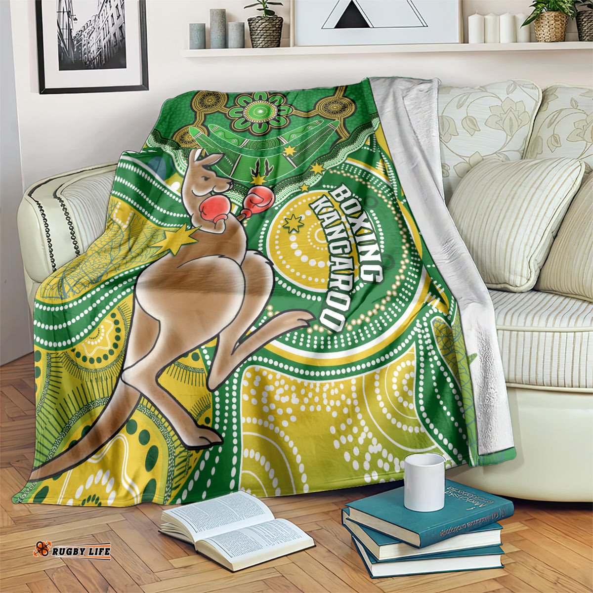 Personalised Australia Boxing Kangaroo Blanket Aussie Indigenous Art Mix National Color 02