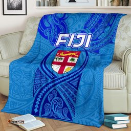 Blue Premium Blanket Fiji Rugby Polynesian Waves Style