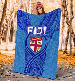Blue Premium Blanket Fiji Rugby Polynesian Waves Style