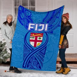 Blue Premium Blanket Fiji Rugby Polynesian Waves Style