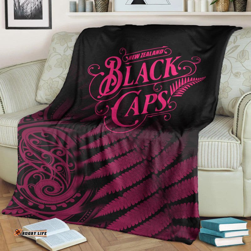 New Zealand Kiwis Cricket Team Premium Blanket Black Caps Silver Fern Mixed Maori Pattern Version Pink