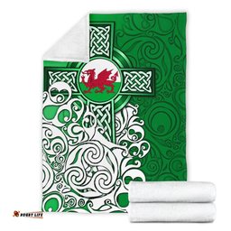 Wales Celtic Premium Blanket Welsh Dragon Flag with Celtic Cross Green