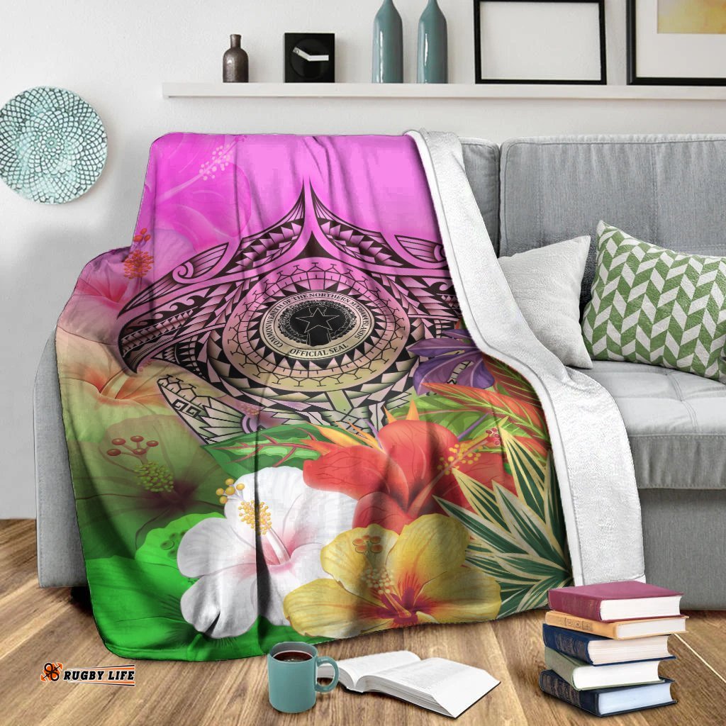 CNMI Polynesian Premium Blanket Manta Ray Tropical Flowers