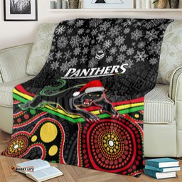 Panthers Rugby Christmas Blanket Merry Xmas Mix Aboriginal Art Black Version