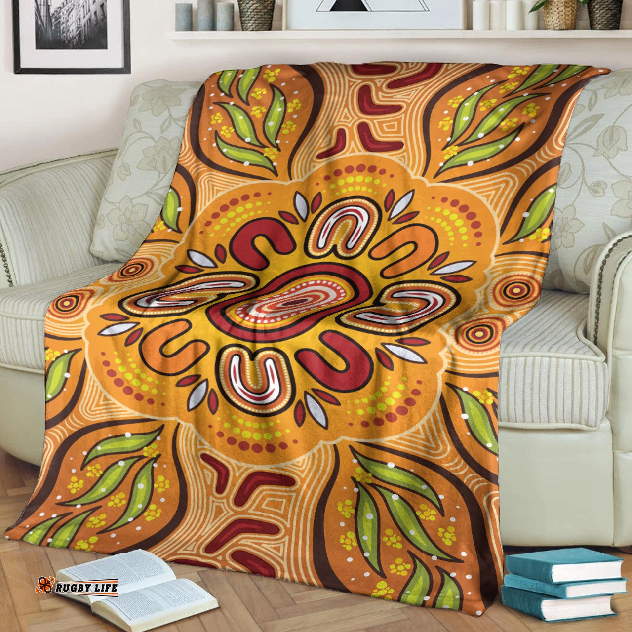 Australia Aboriginal Inspired Blanket - Aboriginal Art Background With Wattle Leaf