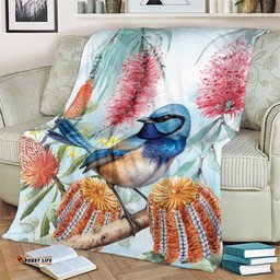Splendid Fairywren Australia Blanket Aussie National Flowers Watercolor Style