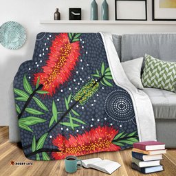 Australia Flowers Aboriginal Blanket - Red Bottle Brush Tree Depicted In Aboriginal Style Blanket