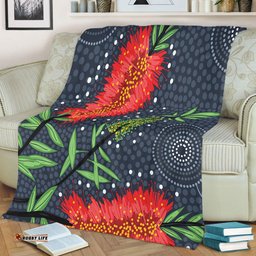 Australia Flowers Aboriginal Blanket - Red Bottle Brush Tree Depicted In Aboriginal Style Blanket