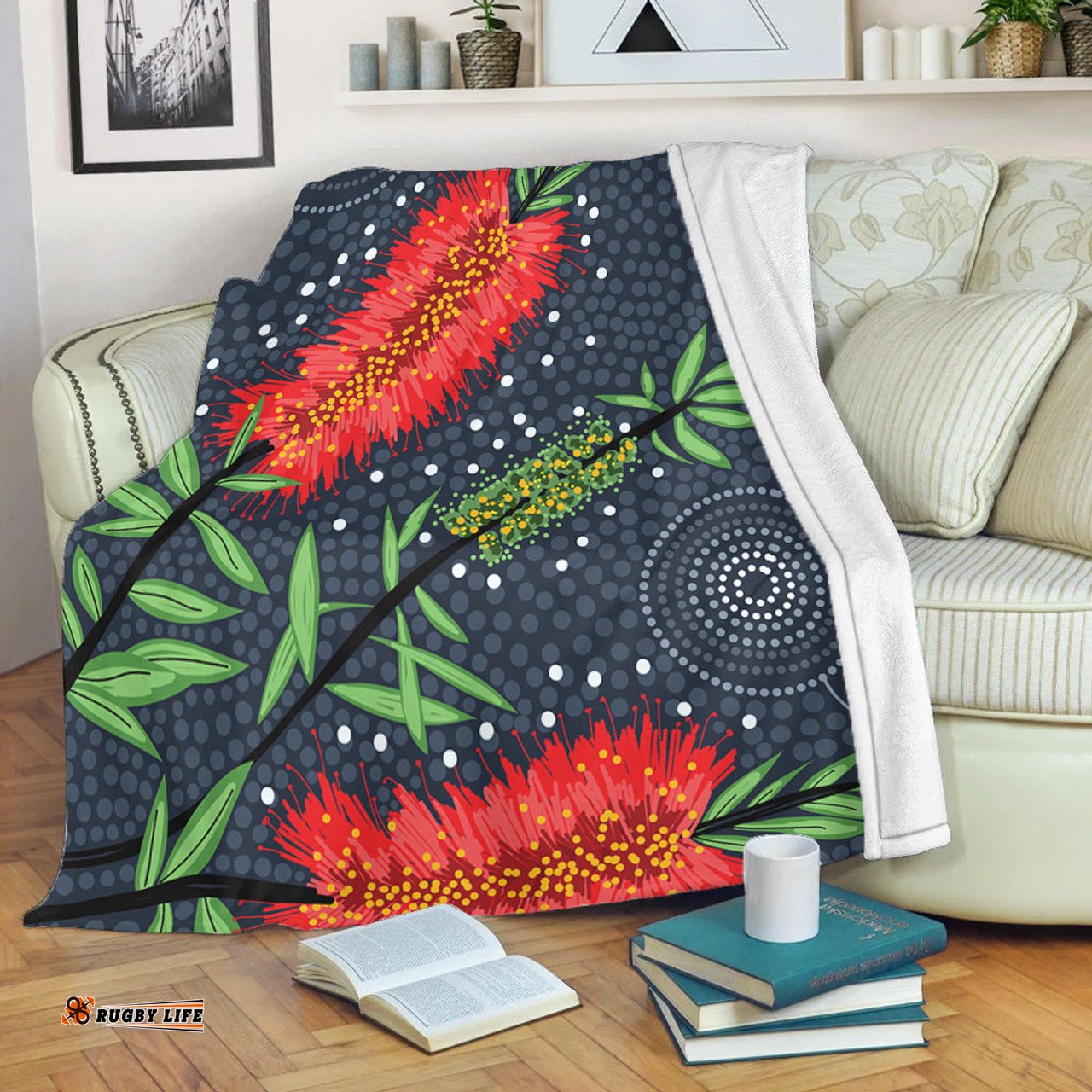 Australia Flowers Aboriginal Blanket - Red Bottle Brush Tree Depicted In Aboriginal Style Blanket