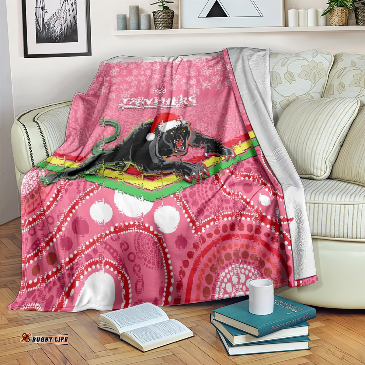 Panthers Rugby Christmas Blanket Merry Xmas Mix Aboriginal Art Pink Version