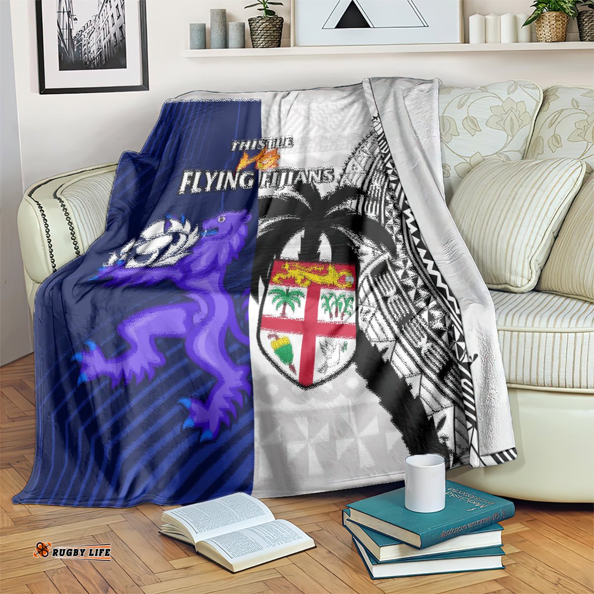 Fiji And Scotland Rugby Blanket Fijian Tapa Pattern With Thistle