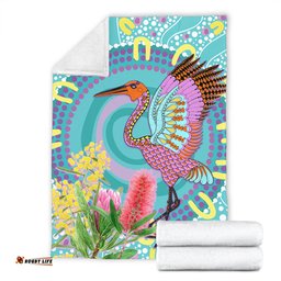 Australia Aboriginal Blanket - Brolga Bird Dancing With Australia Native Flowers V3 Blanket