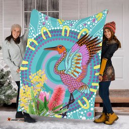 Australia Aboriginal Blanket - Brolga Bird Dancing With Australia Native Flowers V3 Blanket