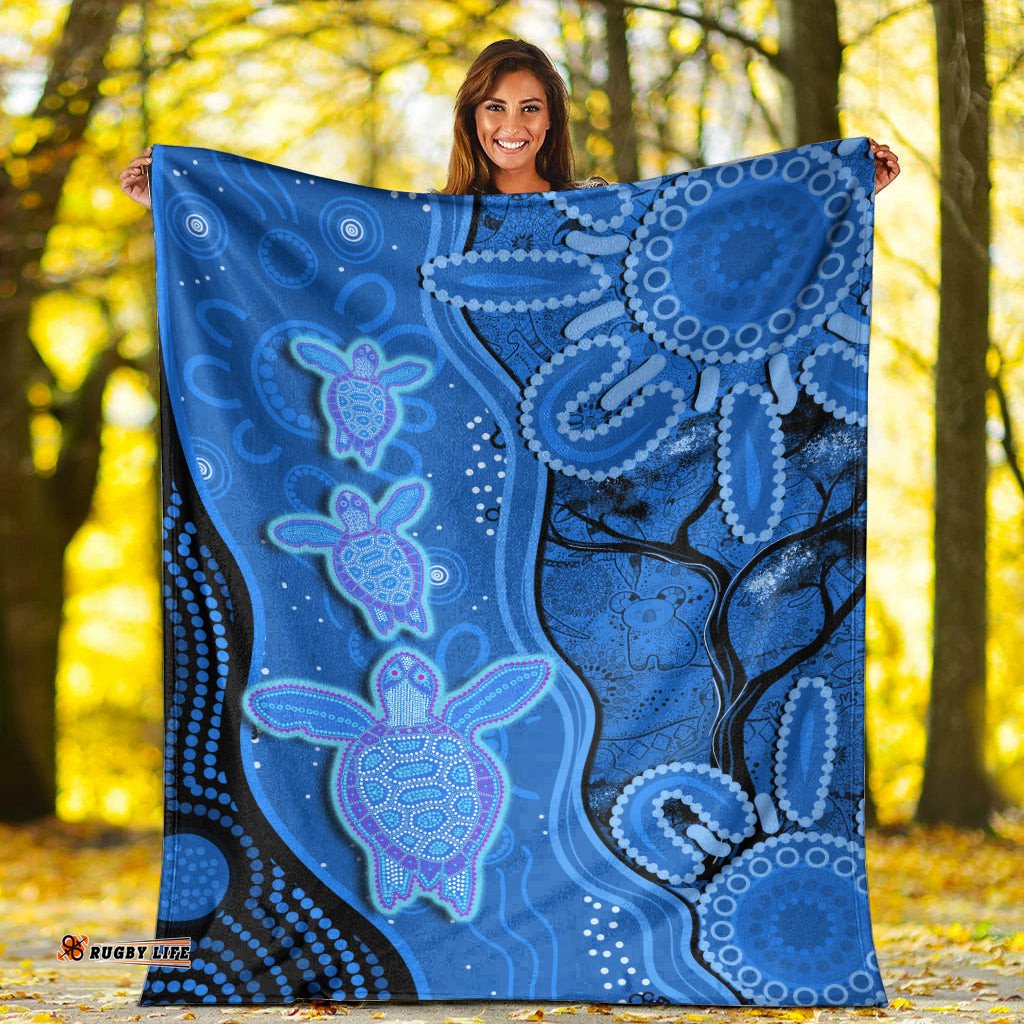 Australian Aboriginal Art Premium Blanket Aussie Turtle Blue Version
