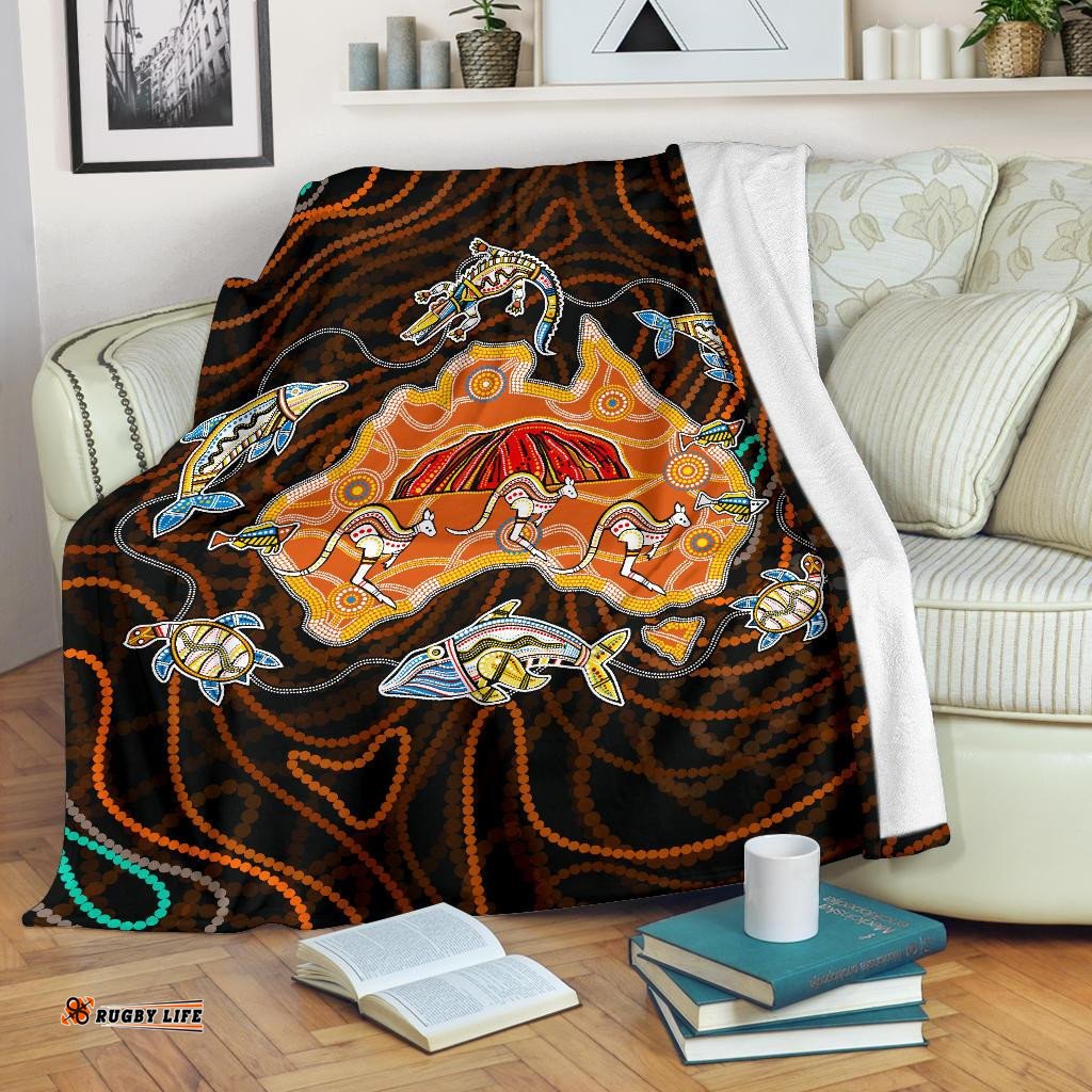 Premium Blanket Australia Map Aboriginal Animals Dot Painting Blanket