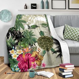 Turtle And Coconut Tree Premium Blanket Hibiscus And Turtle On The Beach