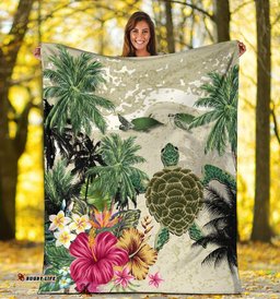 Turtle And Coconut Tree Premium Blanket Hibiscus And Turtle On The Beach