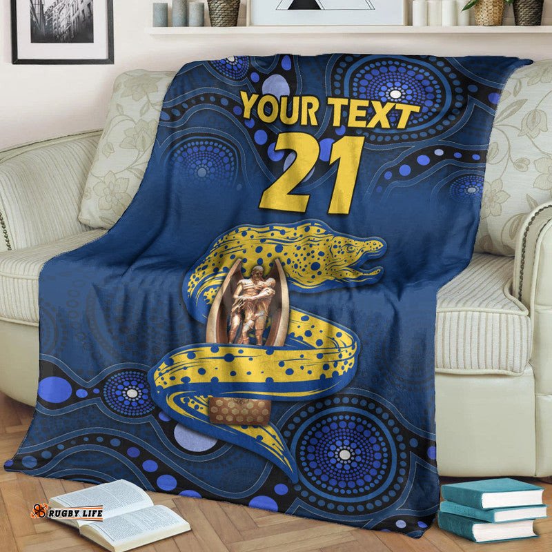 Custom Personalised Parramatta Eels Rugby Premiers Premium Blanket Eels Champion Aboriginal Dot Blue Style