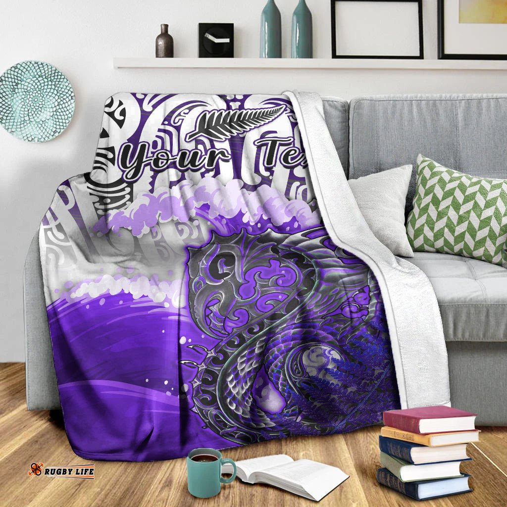 Custom Personalised Manaia Maori Premium Blanket Fern Aotearoa Purple Waves