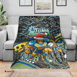 Merry Christmas Gold Coast Titans Blanket Aboriginal Santa Rugby Mascot Light Blue