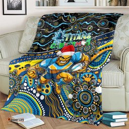 Merry Christmas Gold Coast Titans Blanket Aboriginal Santa Rugby Mascot Light Blue