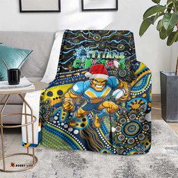 Merry Christmas Gold Coast Titans Blanket Aboriginal Santa Rugby Mascot Light Blue