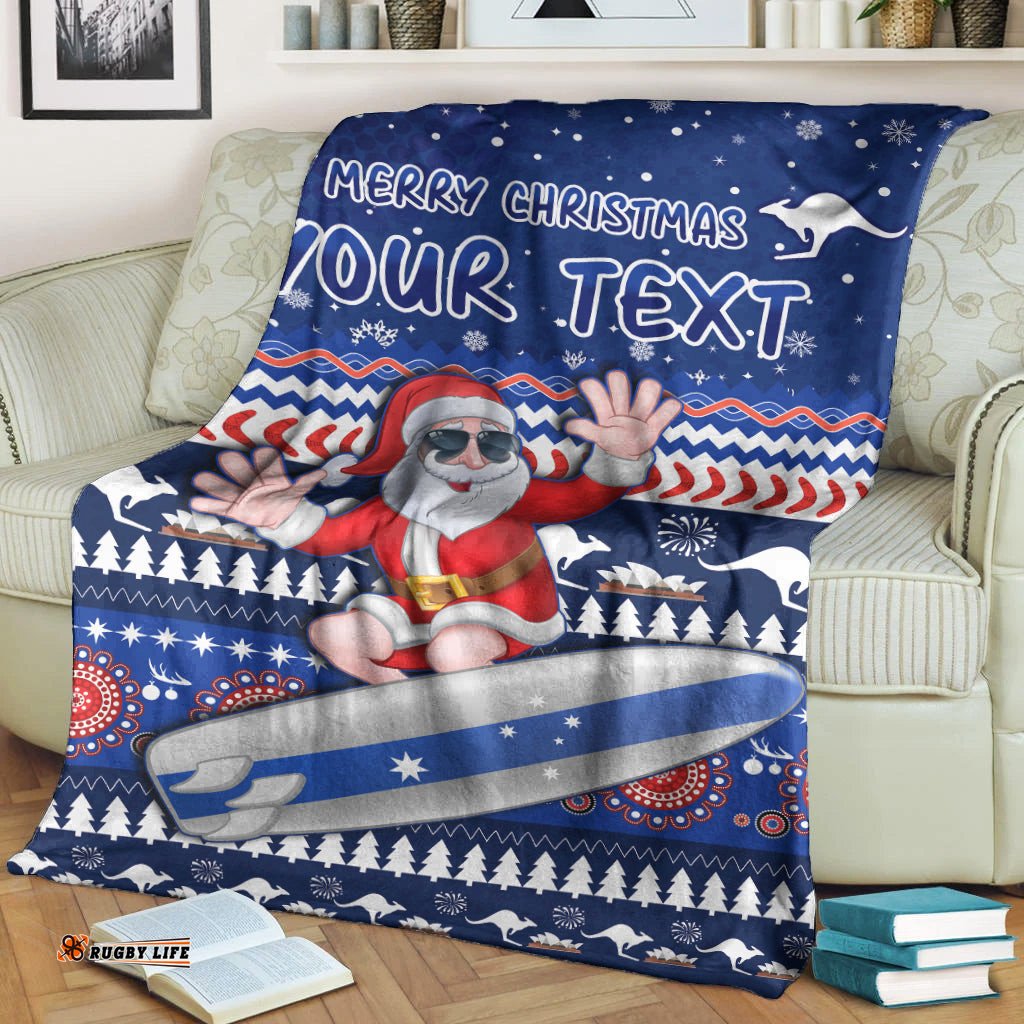 Custom Personalised Australia Christmas Premium Blanket Aussie Aboriginal Santa Claus is Surfing with Kangaroo