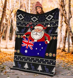 Christmas Personalised Premium Blanket Australia Santa Claus Hold The Flag Black