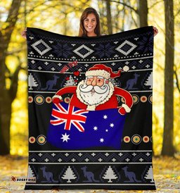 Christmas Personalised Premium Blanket Australia Santa Claus Hold The Flag Black