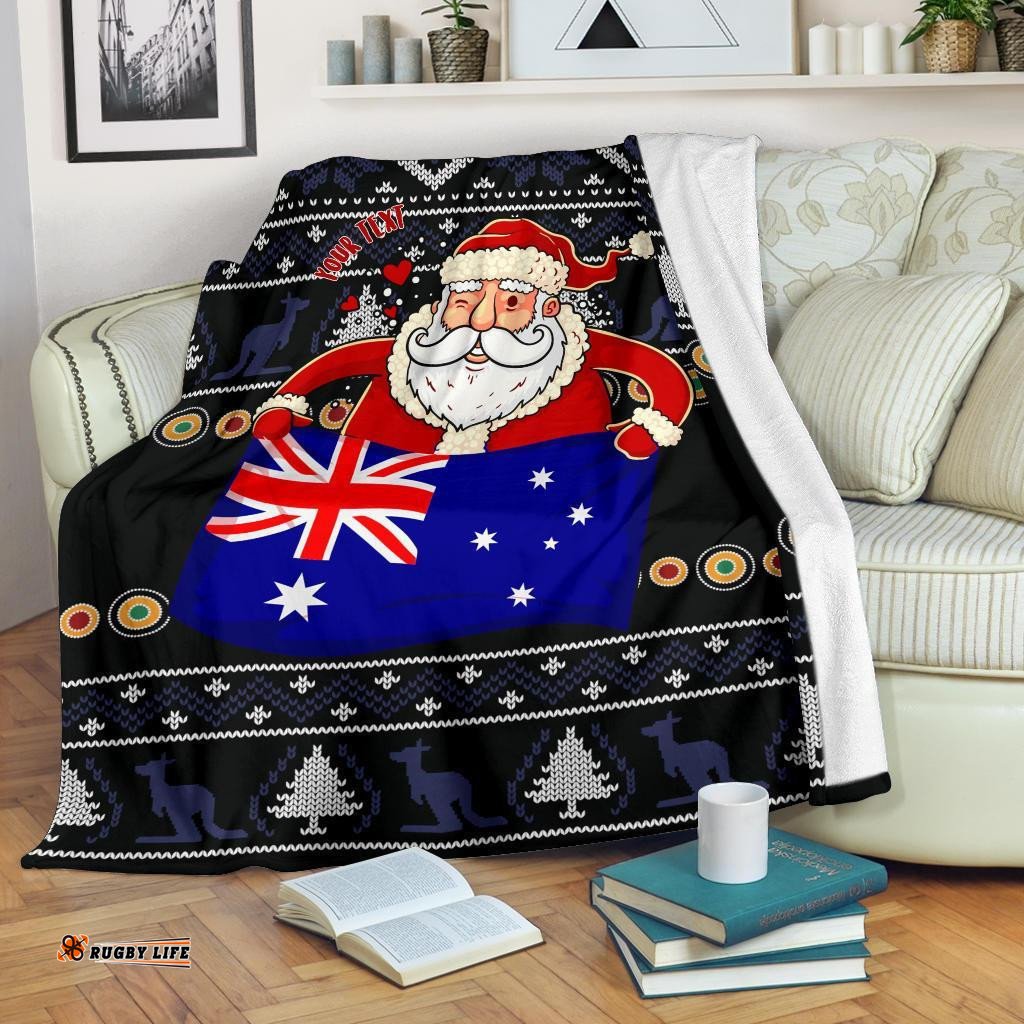 Christmas Personalised Premium Blanket Australia Santa Claus Hold The Flag Black