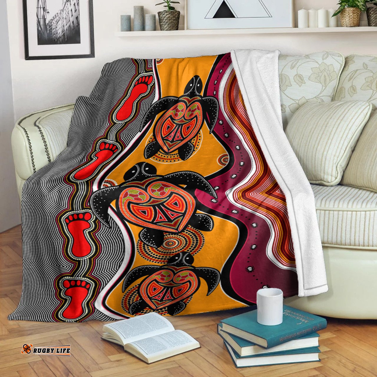 Australia Aboriginal Inspired Blanket - Turtle And Foot Print Aboiginal Inspired Dot Painting Style