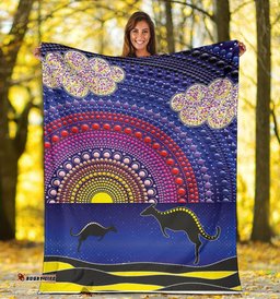Aboriginal Premium Blanket Sunset Over The Sea And Kangaroo Dot Painting