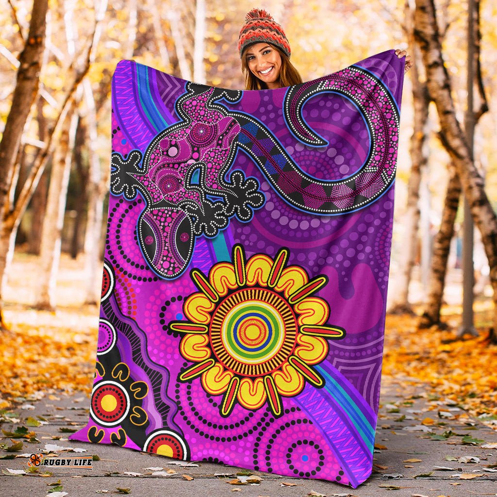 Australia Lizard and Sun Premium Blanket Aboriginal Art Purple