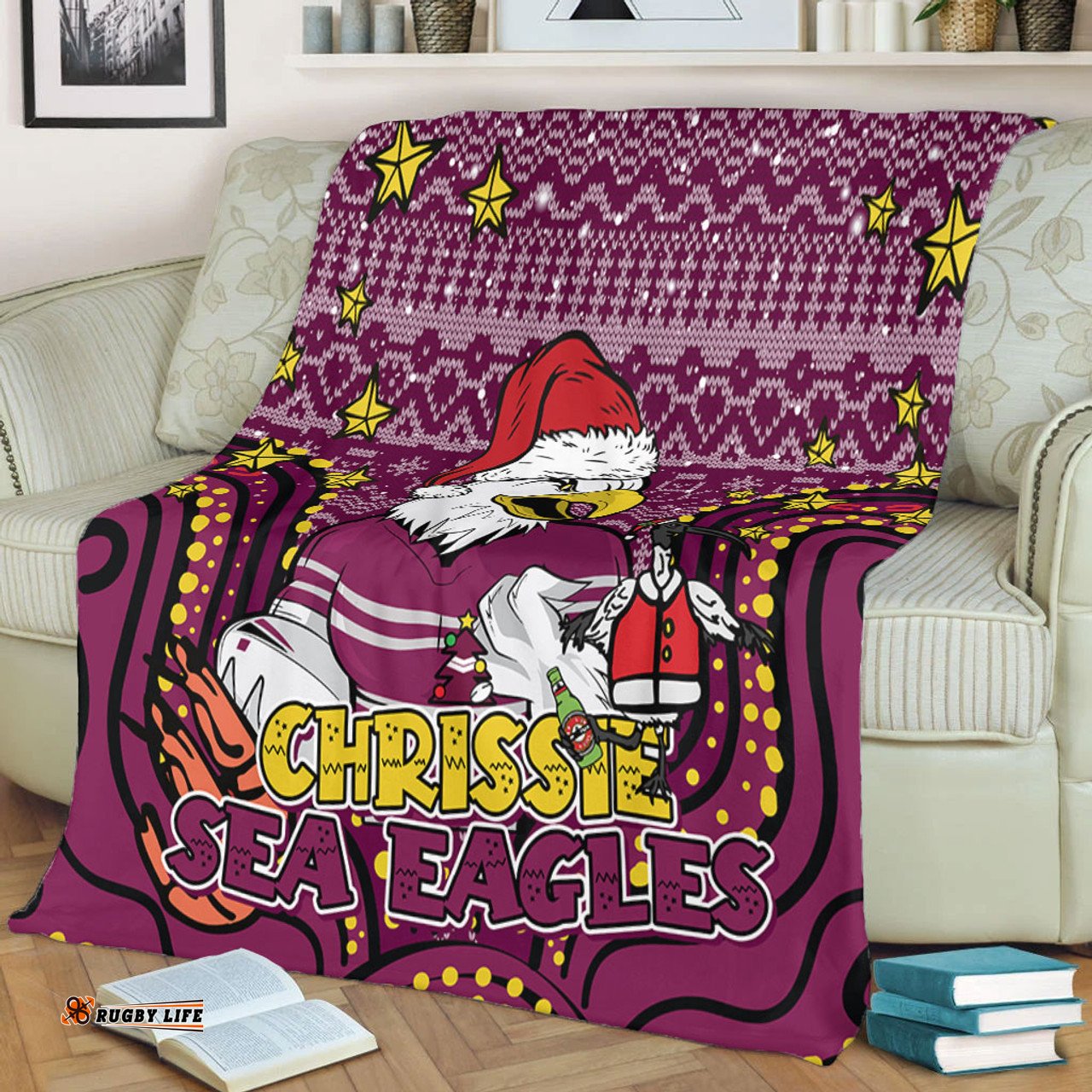 Manly Warringah Sea Eagles Christmas Custom Blanket - Christmas Knit Patterns Vintage Jersey Ugly Blanket