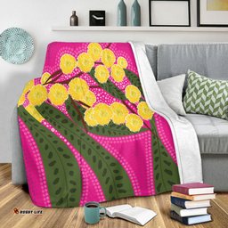 Australia Flowers Aboriginal Blanket - Australian Yellow Wattle Flowers Painting In Aboriginal Dot Art Style Blanket