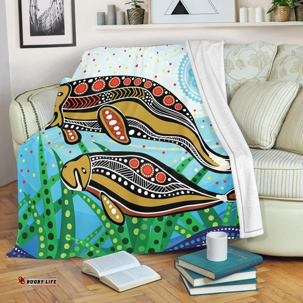 Australia Aboriginal Blanket - Dugong Aboriginal Artwork With Mother And Baby
 Blanket