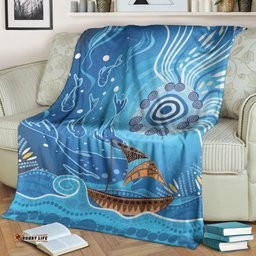 Premium Blanket Aboriginal View Sea With Fish And Boat