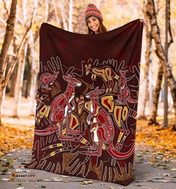 Aboriginal Premium Blanket Kangaroo family with Hand Art